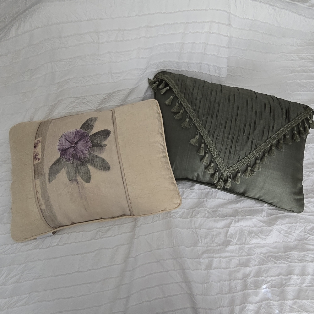 Two (2) Croscill Pillows, Cream/Floral & Evergreen.